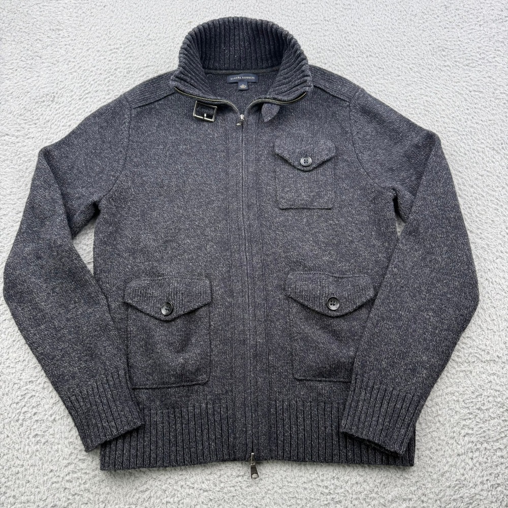 Banana Republic Full Zip Sweater Mens M Gray Lambswool Blend Buckle Mock Neck